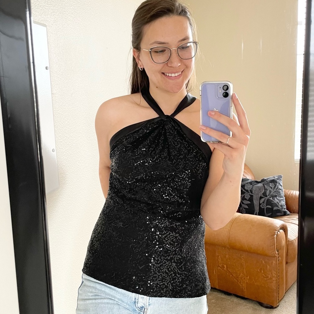 Tahari Black Sequin Twist Halter Top Medium